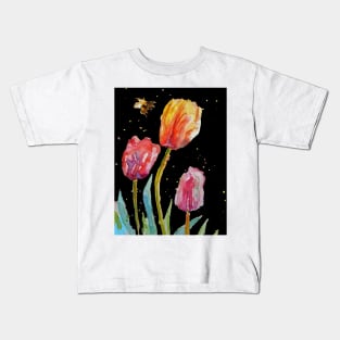 Tulip Flower Watercolor Painting and Bee on Black Kids T-Shirt